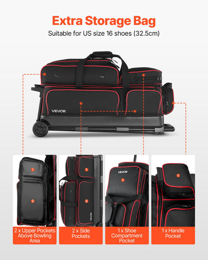 Bowling Ball Bag, 3 Ball Double Roller Bowling Bag with Wheels, Featuring a Separate Compartment for Shoes (Up To US Size 16) & Oversized Accessory Pocket, Retractable Handle Extends to 41.34 in