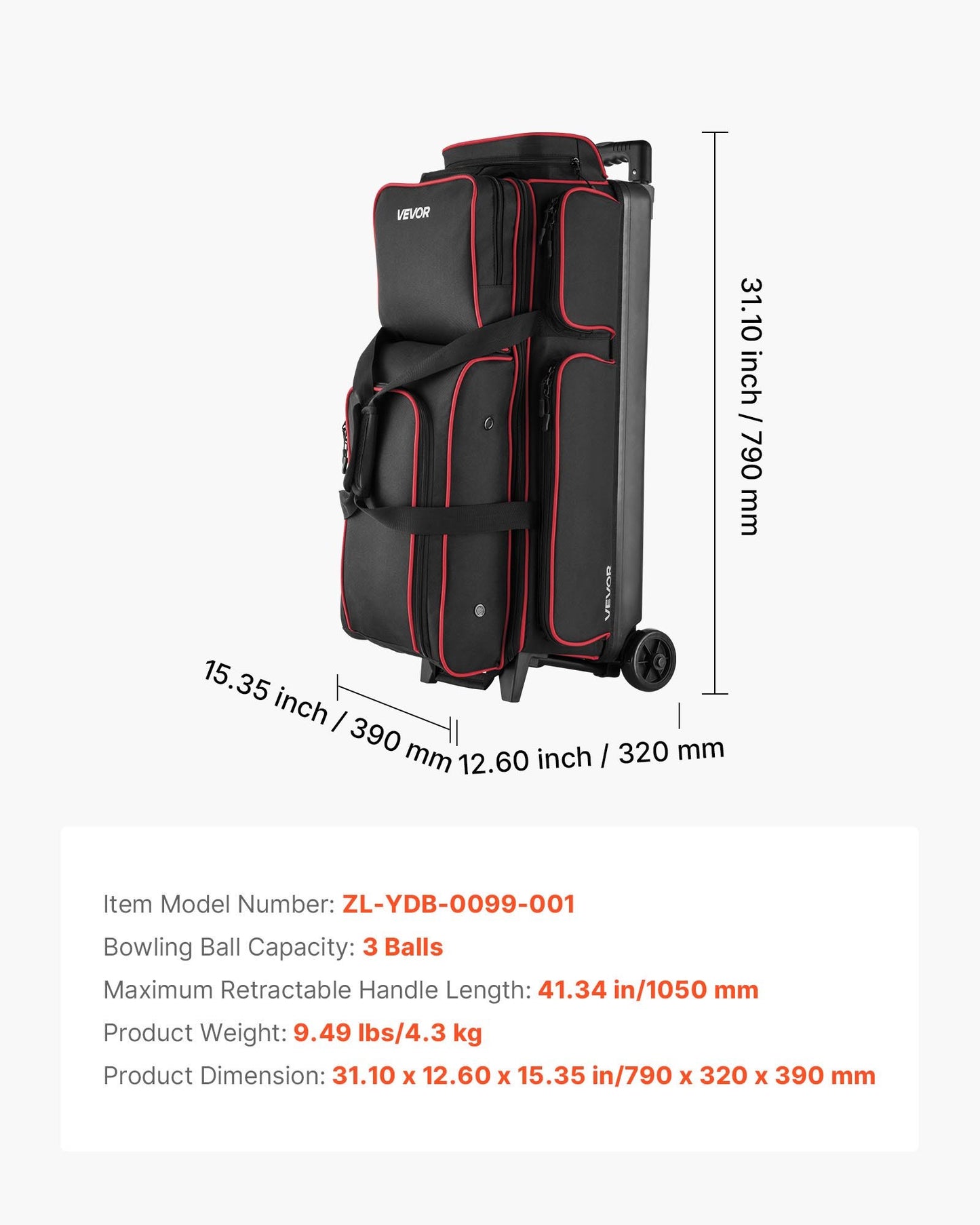 Bowling Ball Bag, 3 Ball Double Roller Bowling Bag with Wheels, Featuring a Separate Compartment for Shoes (Up To US Size 16) & Oversized Accessory Pocket, Retractable Handle Extends to 41.34 in