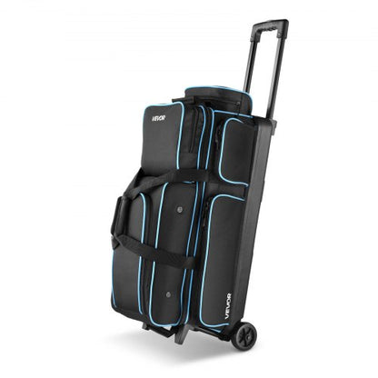 Bowling Ball Bag, 3 Ball Double Roller Bowling Bag with Wheels, Featuring a Separate Compartment for Shoes (Up To US Size 16) & Oversized Accessory Pocket, Retractable Handle Extends to 41.34 in