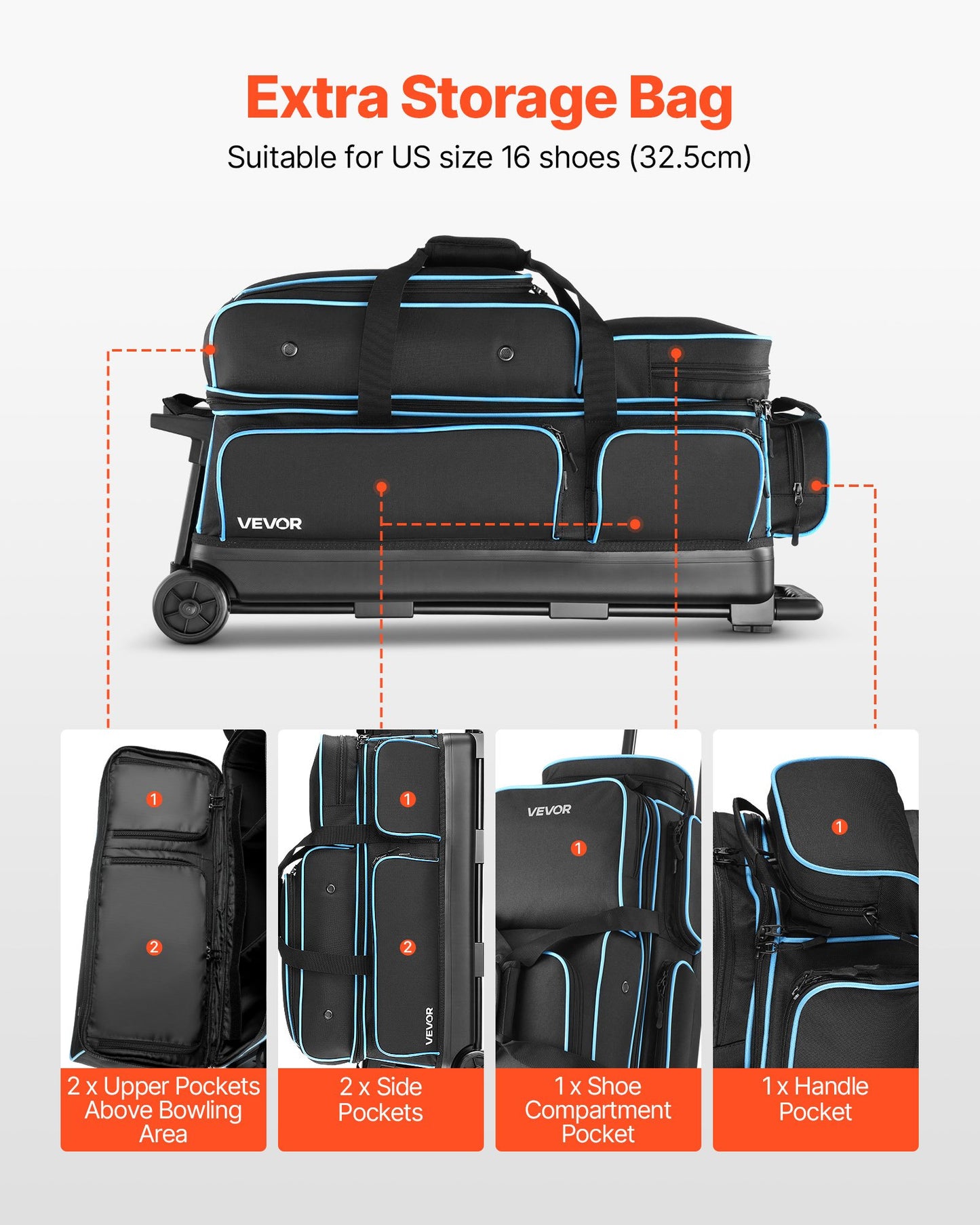 Bowling Ball Bag, 3 Ball Double Roller Bowling Bag with Wheels, Featuring a Separate Compartment for Shoes (Up To US Size 16) & Oversized Accessory Pocket, Retractable Handle Extends to 41.34 in