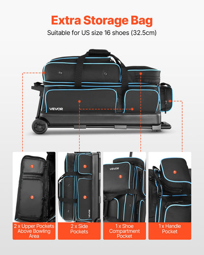 Bowling Ball Bag, 3 Ball Double Roller Bowling Bag with Wheels, Featuring a Separate Compartment for Shoes (Up To US Size 16) & Oversized Accessory Pocket, Retractable Handle Extends to 41.34 in