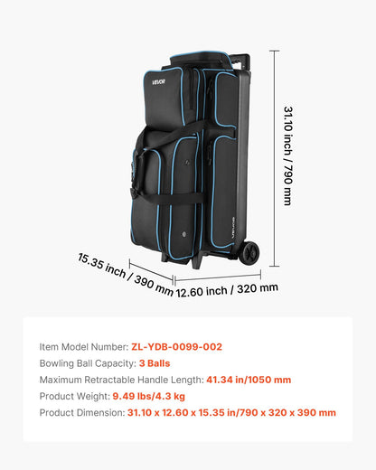 Bowling Ball Bag, 3 Ball Double Roller Bowling Bag with Wheels, Featuring a Separate Compartment for Shoes (Up To US Size 16) & Oversized Accessory Pocket, Retractable Handle Extends to 41.34 in