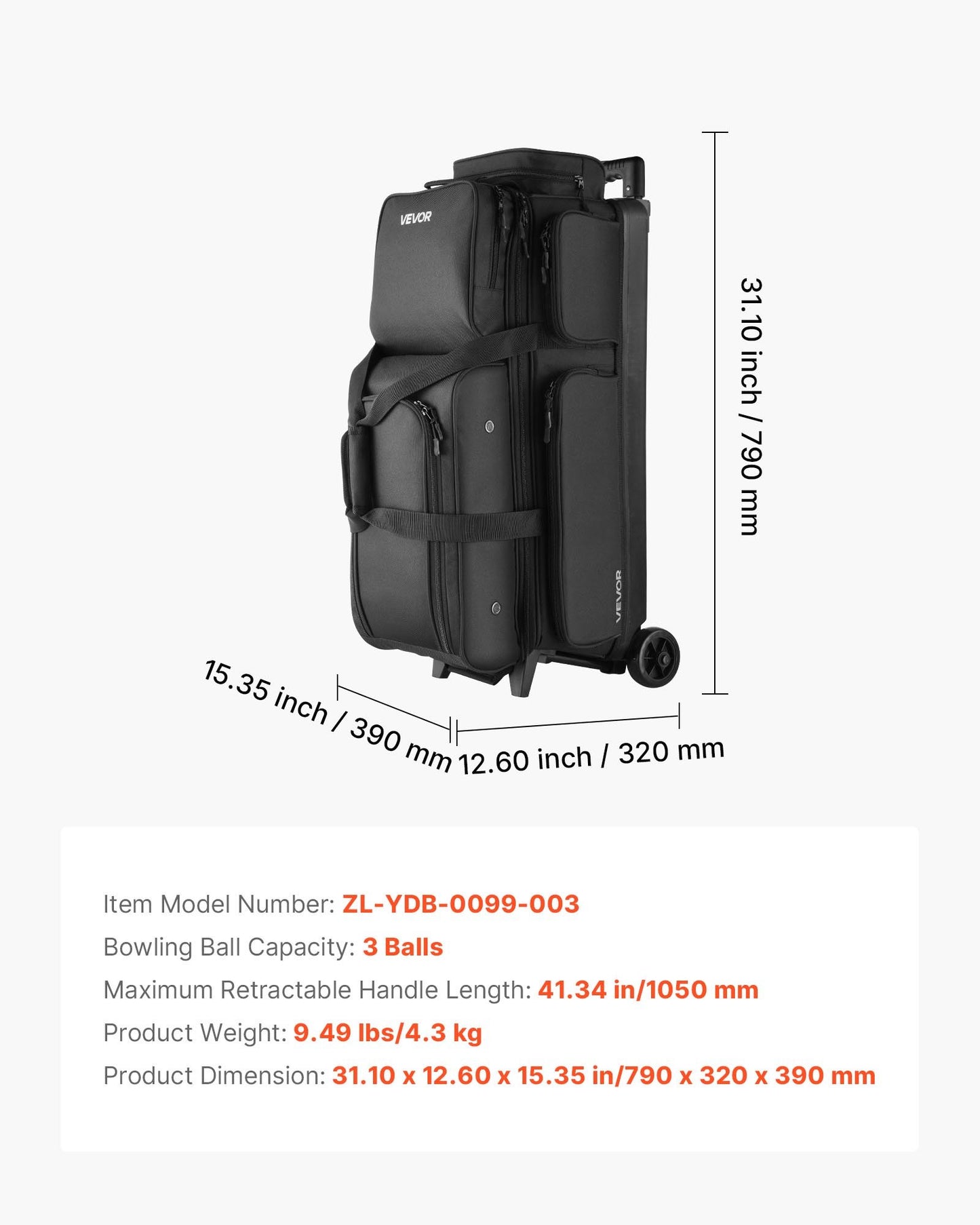 Bowling Ball Bag, 3 Ball Double Roller Bowling Bag with Wheels, Featuring a Separate Compartment for Shoes (Up To US Size 16) & Oversized Accessory Pocket, Retractable Handle Extends to 41.34 in