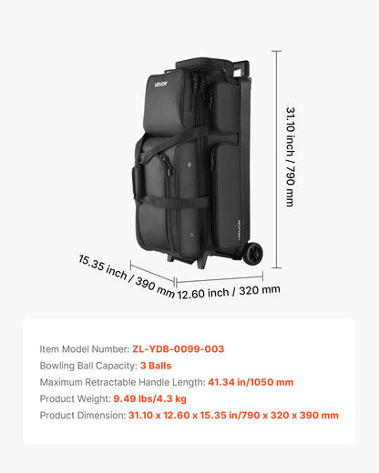 Bowling Ball Bag, 3 Ball Double Roller Bowling Bag with Wheels, Featuring a Separate Compartment for Shoes (Up To US Size 16) & Oversized Accessory Pocket, Retractable Handle Extends to 41.34 in