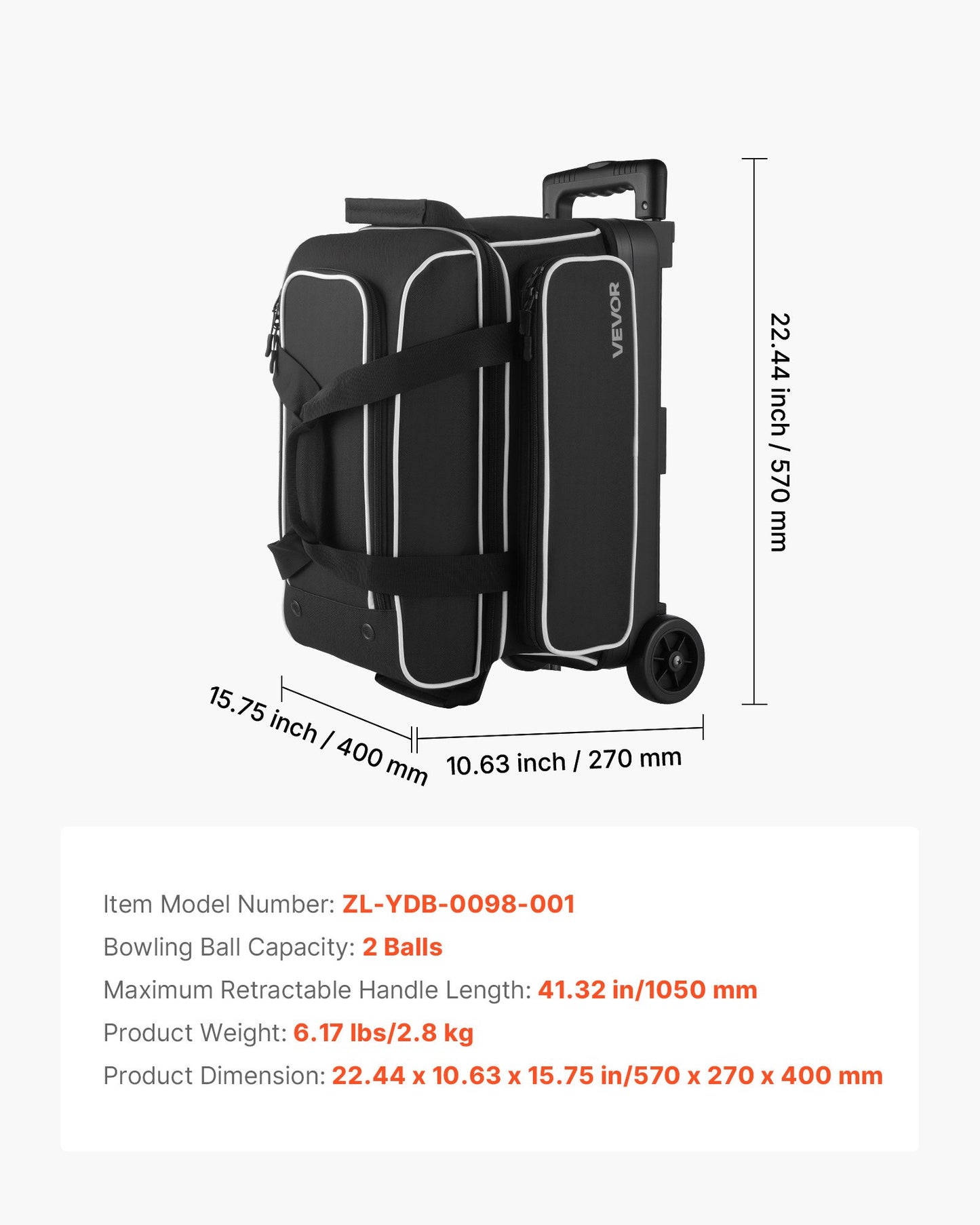 Bowling Ball Bag, 2 Ball Double Roller Bowling Bag with Wheels, Featuring a Separate Compartment for Shoes (Up To US Size 16) & Oversized Accessory Pocket, Retractable Handle Extends to 41.32 in