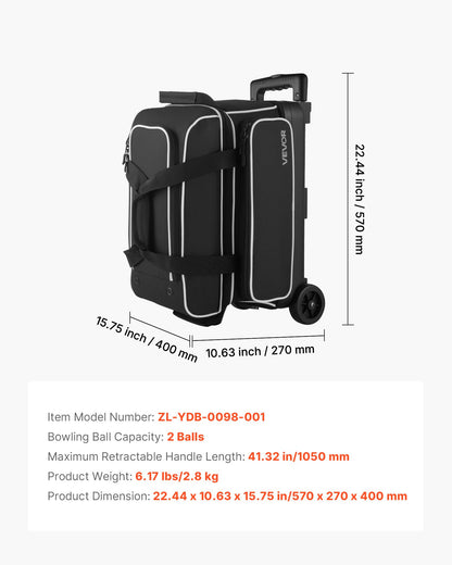 Bowling Ball Bag, 2 Ball Double Roller Bowling Bag with Wheels, Featuring a Separate Compartment for Shoes (Up To US Size 16) & Oversized Accessory Pocket, Retractable Handle Extends to 41.32 in