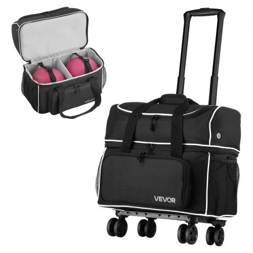Bowling Ball Bag, 2 Ball Four Roller Bowling Bag with Wheels, Featuring a Separate Compartment for Shoes (Up To US Size 16) & Oversized Accessory Pocket, Retractable Handle Extends to 37.4 in
