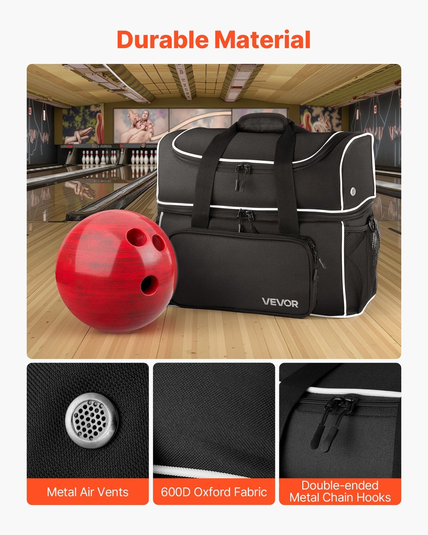 Bowling Ball Bag, 2 Ball Four Roller Bowling Bag with Wheels, Featuring a Separate Compartment for Shoes (Up To US Size 16) & Oversized Accessory Pocket, Retractable Handle Extends to 37.4 in