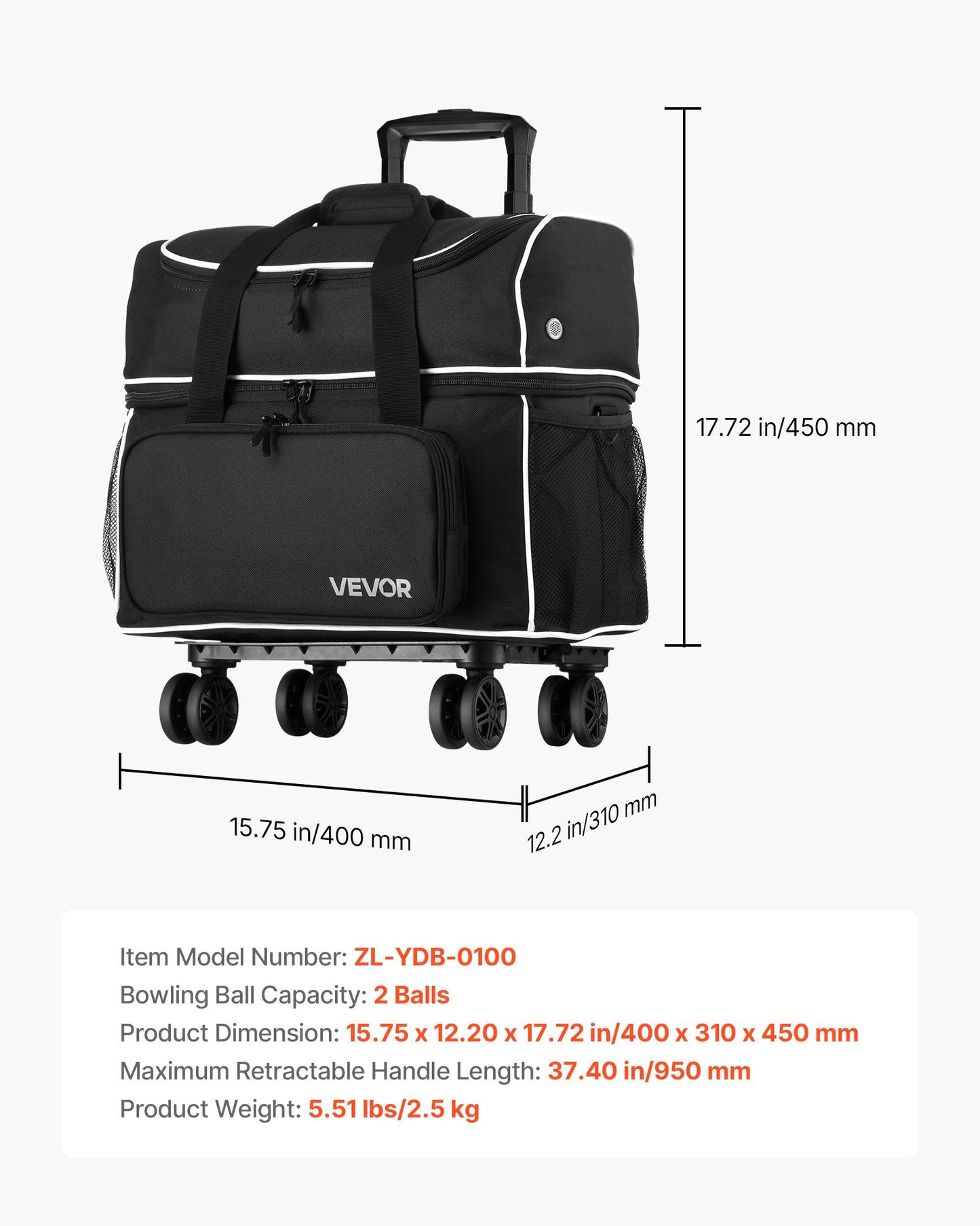 Bowling Ball Bag, 2 Ball Four Roller Bowling Bag with Wheels, Featuring a Separate Compartment for Shoes (Up To US Size 16) & Oversized Accessory Pocket, Retractable Handle Extends to 37.4 in