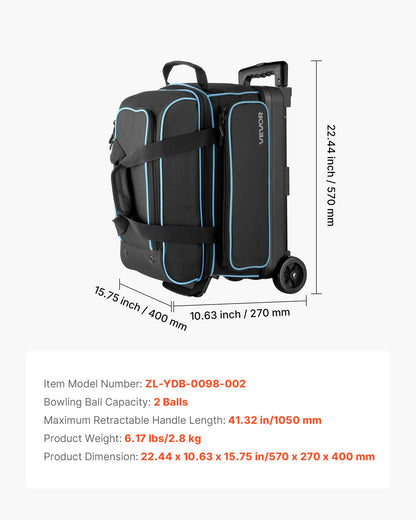 Bowling Ball Bag, 2 Ball Double Roller Bowling Bag with Wheels, Featuring a Separate Compartment for Shoes (Up To US Size 16) & Oversized Accessory Pocket, Retractable Handle Extends to 41.32 in