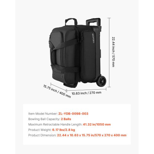 Bowlingväska för 2 bollar med hjul, bowlingväska med dubbla rullar, skofack