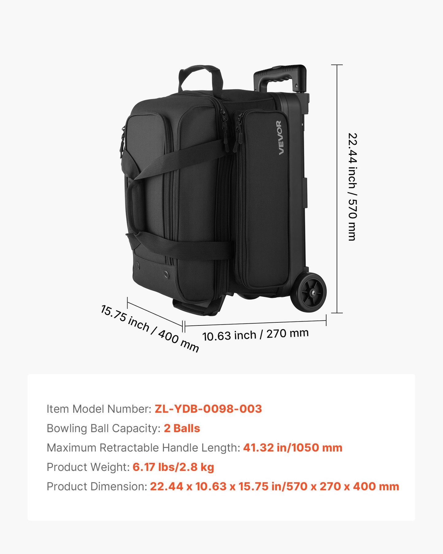 Bowling Ball Bag, 2 Ball Double Roller Bowling Bag with Wheels, Featuring a Separate Compartment for Shoes (Up To US Size 16) & Oversized Accessory Pocket, Retractable Handle Extends to 41.32 in