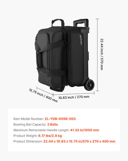 Bowling Ball Bag, 2 Ball Double Roller Bowling Bag with Wheels, Featuring a Separate Compartment for Shoes (Up To US Size 16) & Oversized Accessory Pocket, Retractable Handle Extends to 41.32 in