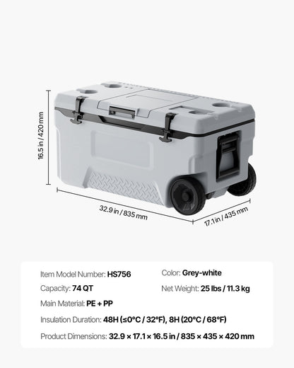 Portable Cooler, 74 QT Wheeled Cooler with Ice Retention, Heavy-Duty Handles and Cup Holder, Lightweight Rigid Material Insulated Portable Cooler, Suitable for Family Picnics and Long Trips