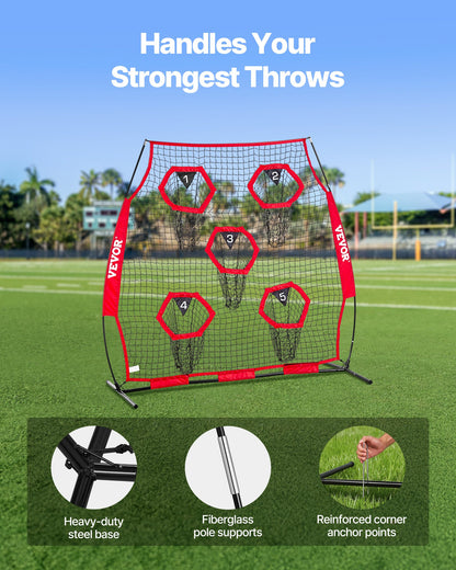 6 x 6 ft Football Trainer Throwing Net, Training Throwing Target Practice Net with 5 Target Pockets, Knotless Net Includes Straps and Portable Carry Case, Improve QB Throwing Accuracy, Red