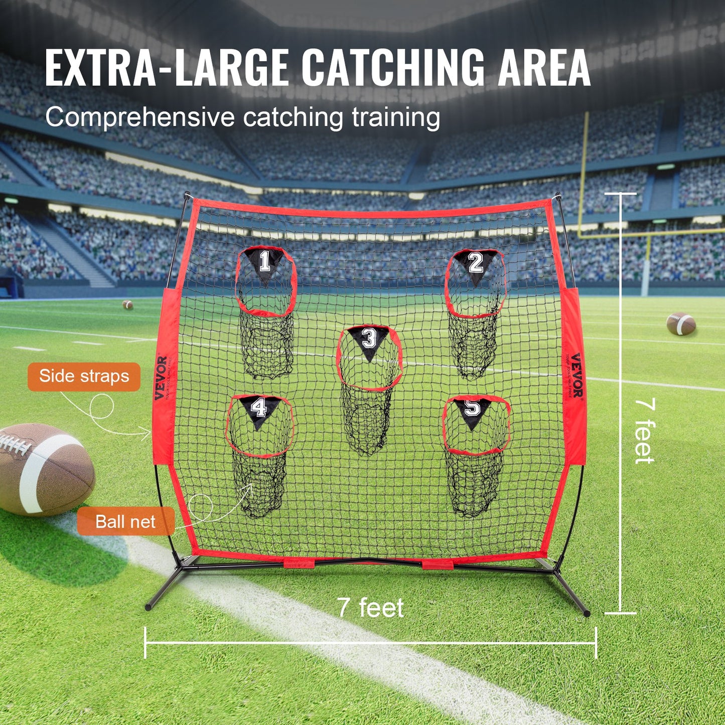 7 x 7 ft Football Coach Throwing Net, Training Throwing Goal Training Net with 5 Goal Pockets, Knotless Netting Includes Hoop Frame and Portable Bag, Improve QB Throwing Accuracy, Red