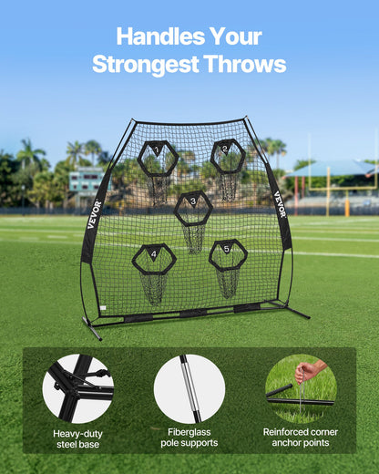 7 x 7 ft Football Trainer Throwing Net, Training Throwing Target Practice Net with 5 Target Pockets, Knotless Net Includes Straps and Portable Carry Case, Improve QB Throwing Accuracy, Black
