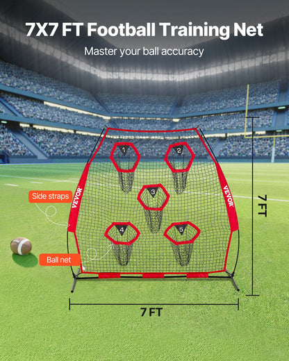 7 x 7 ft Football Trainer Throwing Net, Training Throwing Target Practice Net with 5 Target Pockets, Knotless Net Includes Straps and Portable Carry Case, Improve QB Throwing Accuracy, Red