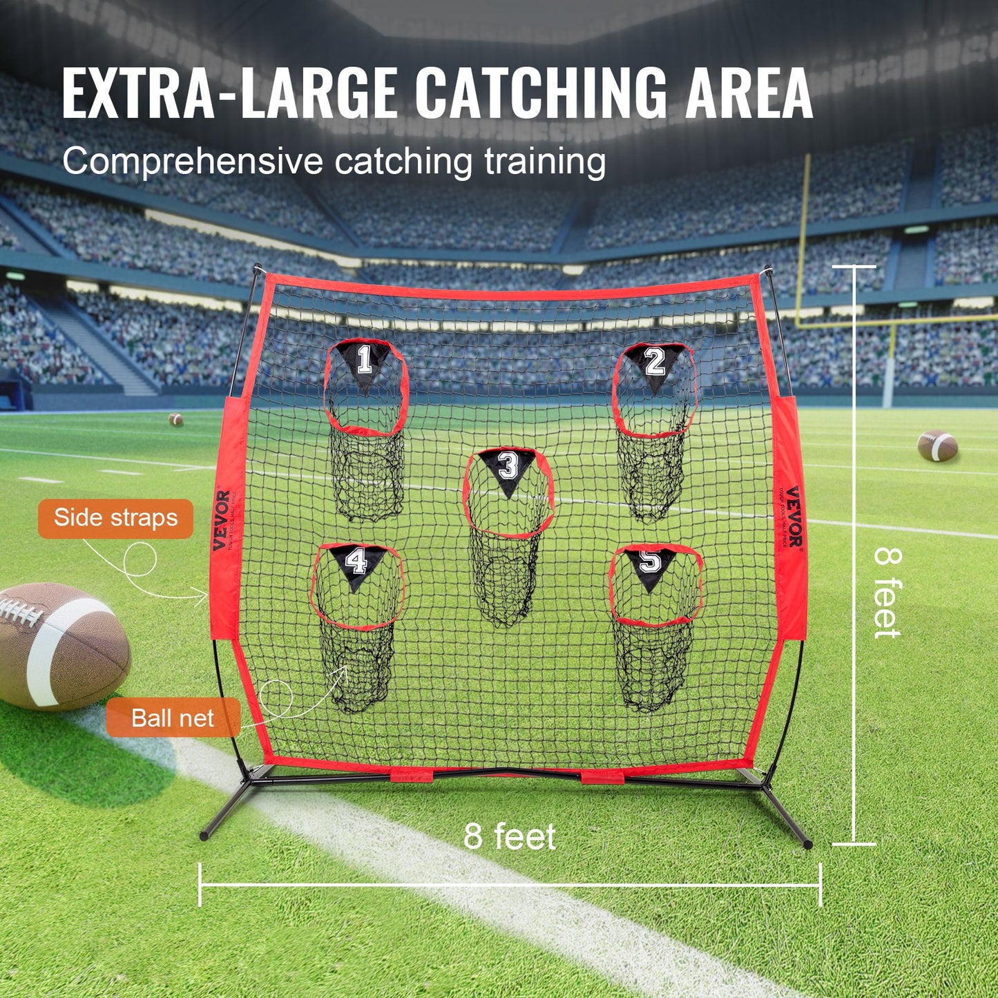 8 x 8 ft Football Coach Throwing Net, Training Throwing Goal Training Net with 5 Goal Pockets, Knotless Netting Includes Hoop Frame and Portable Bag, Improve QB Throwing Accuracy, Red