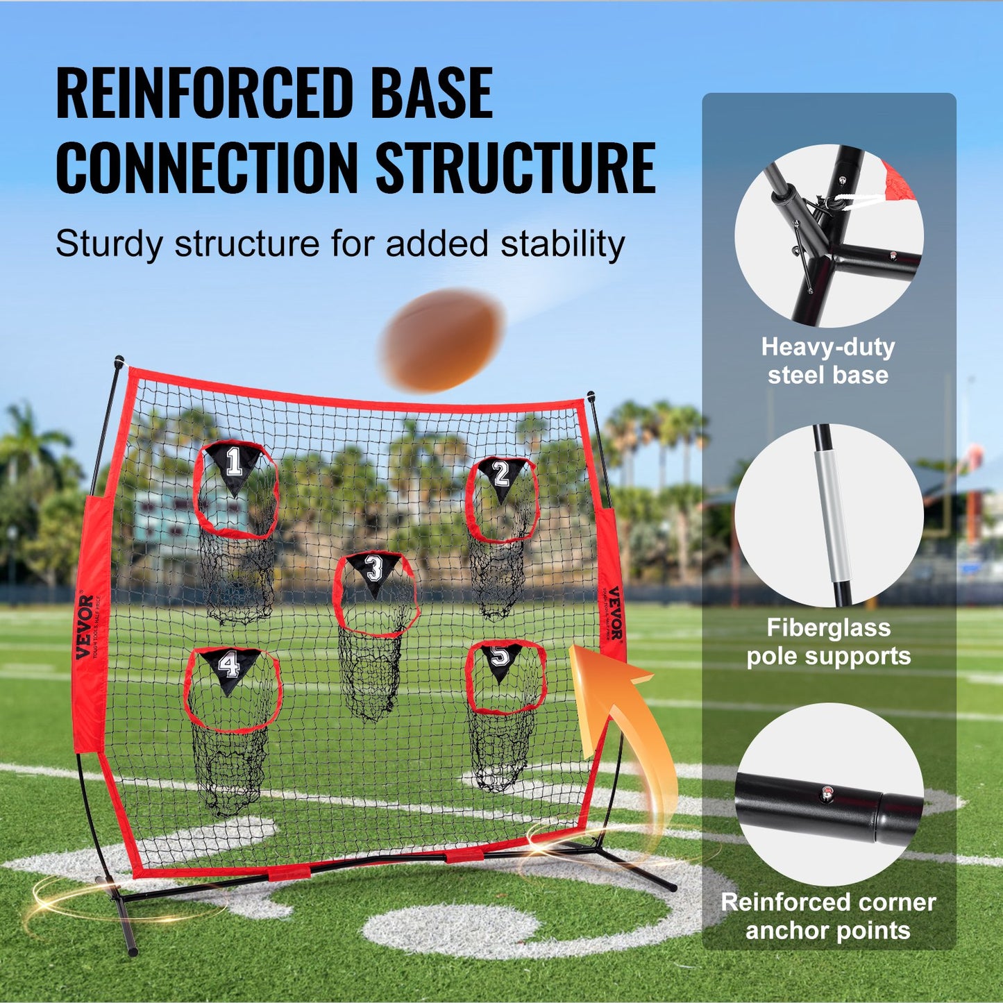 8 x 8 ft Football Coach Throwing Net, Training Throwing Goal Training Net with 5 Goal Pockets, Knotless Netting Includes Hoop Frame and Portable Bag, Improve QB Throwing Accuracy, Red