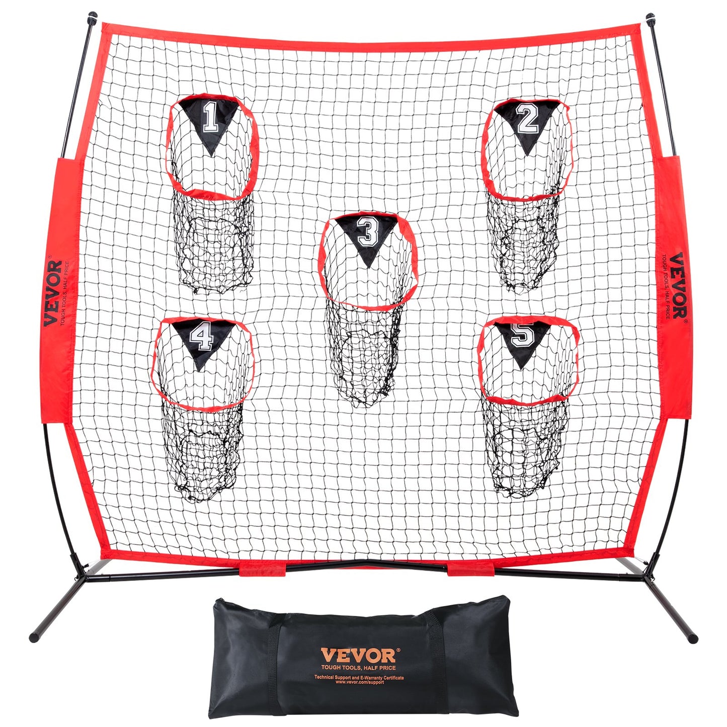 8 x 8 ft Football Coach Throwing Net, Training Throwing Goal Training Net with 5 Goal Pockets, Knotless Netting Includes Hoop Frame and Portable Bag, Improve QB Throwing Accuracy, Red