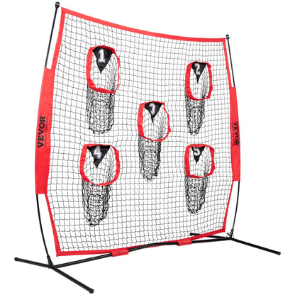 8 x 8 ft Football Coach Throwing Net, Training Throwing Goal Training Net with 5 Goal Pockets, Knotless Netting Includes Hoop Frame and Portable Bag, Improve QB Throwing Accuracy, Red