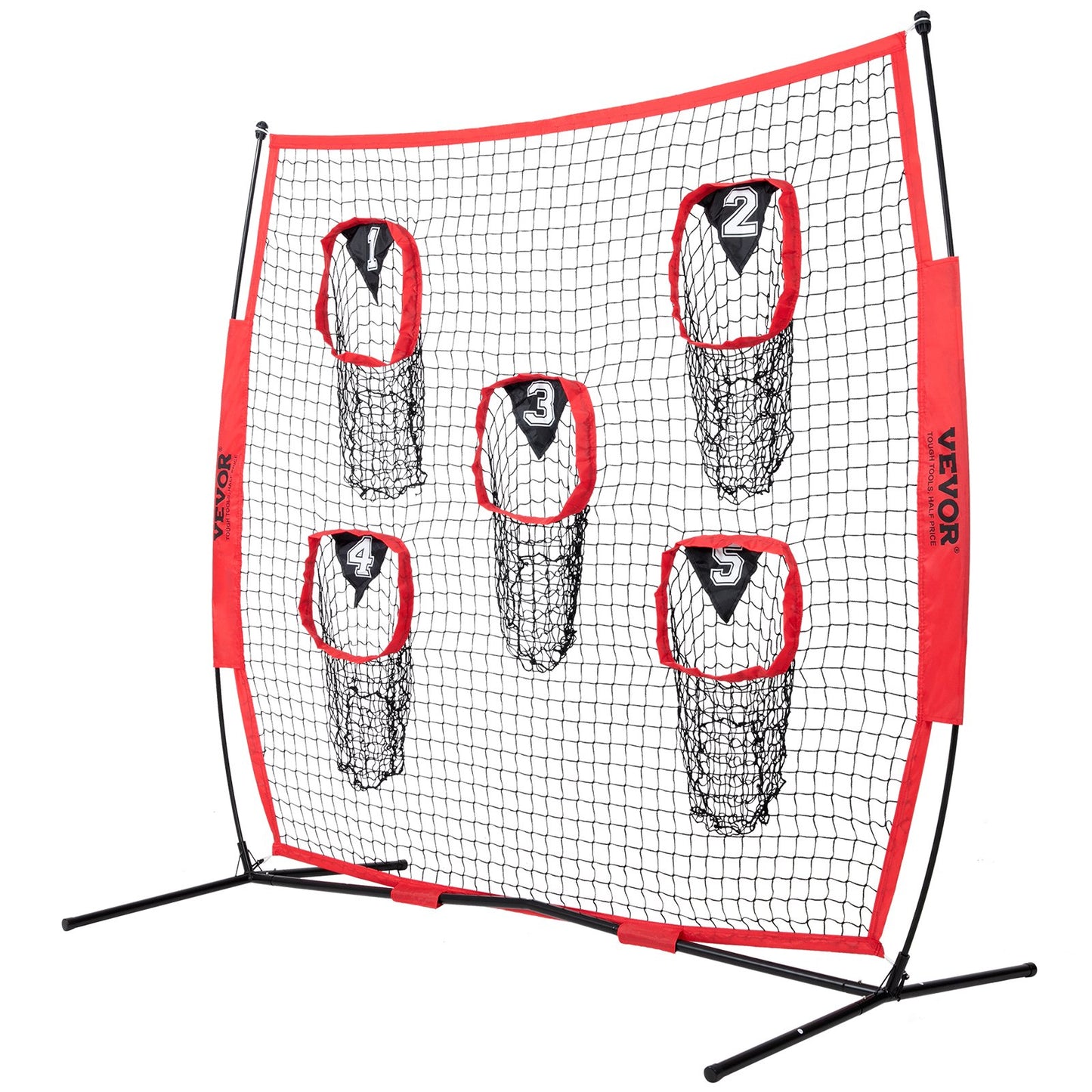 8 x 8 ft Football Coach Throwing Net, Training Throwing Goal Training Net with 5 Goal Pockets, Knotless Netting Includes Hoop Frame and Portable Bag, Improve QB Throwing Accuracy, Red