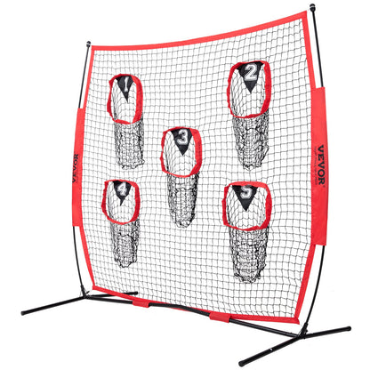 8 x 8 ft Football Coach Throwing Net, Training Throwing Goal Training Net with 5 Goal Pockets, Knotless Netting Includes Hoop Frame and Portable Bag, Improve QB Throwing Accuracy, Red