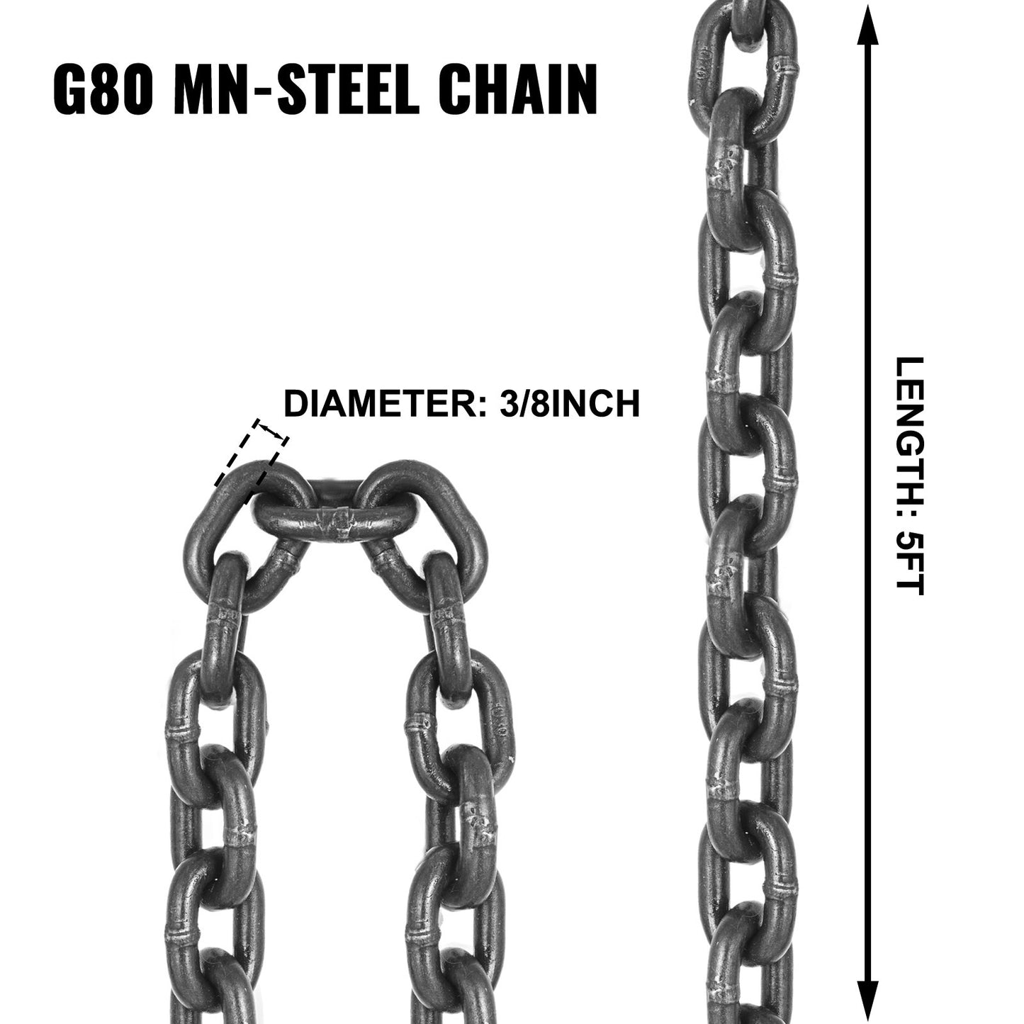 5FT Chain Sling 3/8" x 5' Double Leg with Grab Hooks Sling Chain 4T Capacity Double Leg Chain Sling Grade80(0.375In x 5Ft Double Leg Sling)