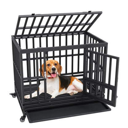 38 Inch Heavy Duty Dog Crate, Indestructible Dog Crate, 3-Door Heavy Duty Dog Crate for Medium to Large Dogs with Lockable Wheels and Removable Tray, High Anxiety Dog Crate for Indoor and Outdoor