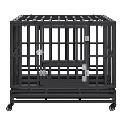 38 Inch Heavy Duty Dog Crate, Indestructible Dog Crate, 3-Door Heavy Duty Dog Crate for Medium to Large Dogs with Lockable Wheels and Removable Tray, High Anxiety Dog Crate for Indoor and Outdoor