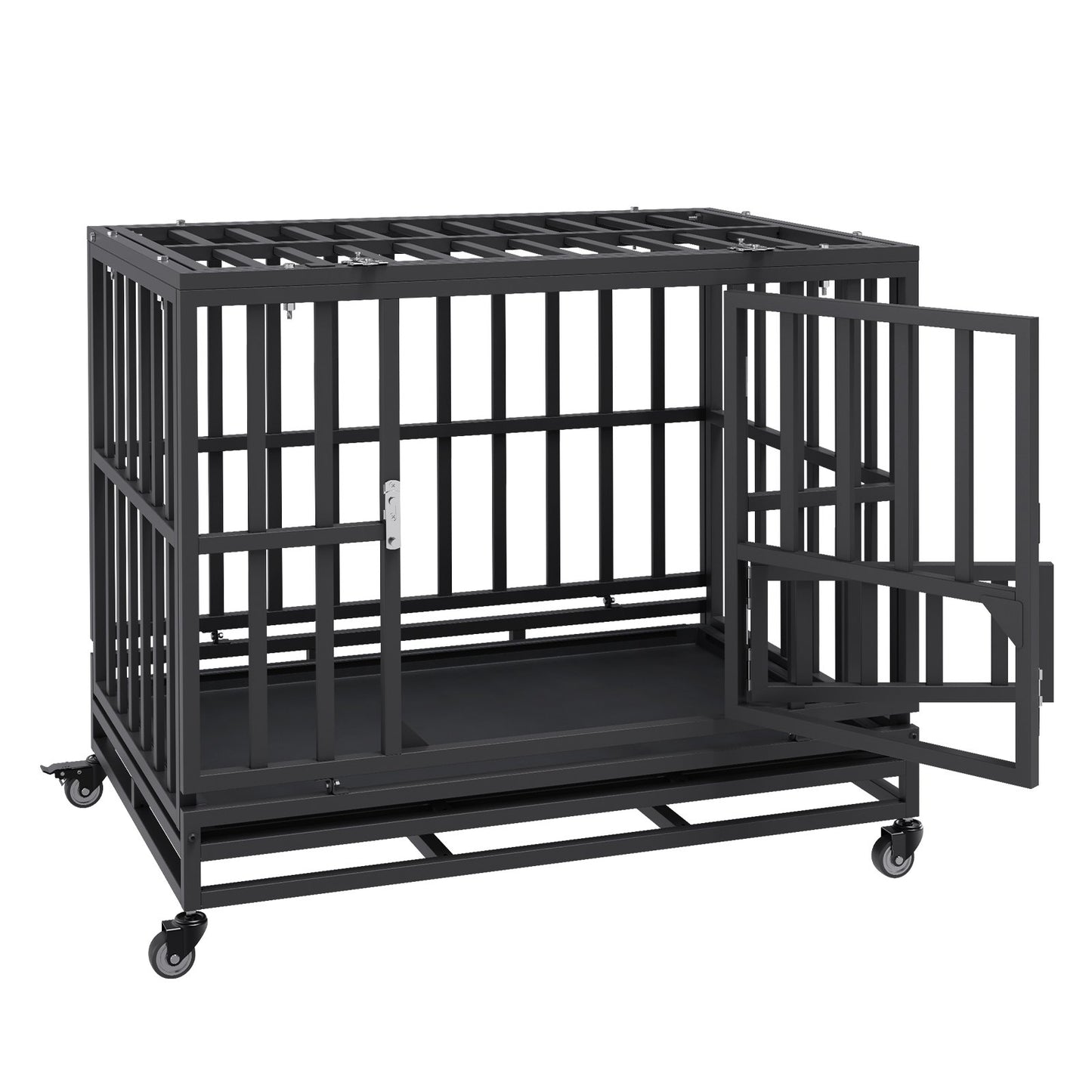 38 Inch Heavy Duty Dog Crate, Indestructible Dog Crate, 3-Door Heavy Duty Dog Crate for Medium to Large Dogs with Lockable Wheels and Removable Tray, High Anxiety Dog Crate for Indoor and Outdoor