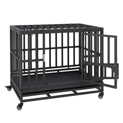 38 Inch Heavy Duty Dog Crate, Indestructible Dog Crate, 3-Door Heavy Duty Dog Crate for Medium to Large Dogs with Lockable Wheels and Removable Tray, High Anxiety Dog Crate for Indoor and Outdoor