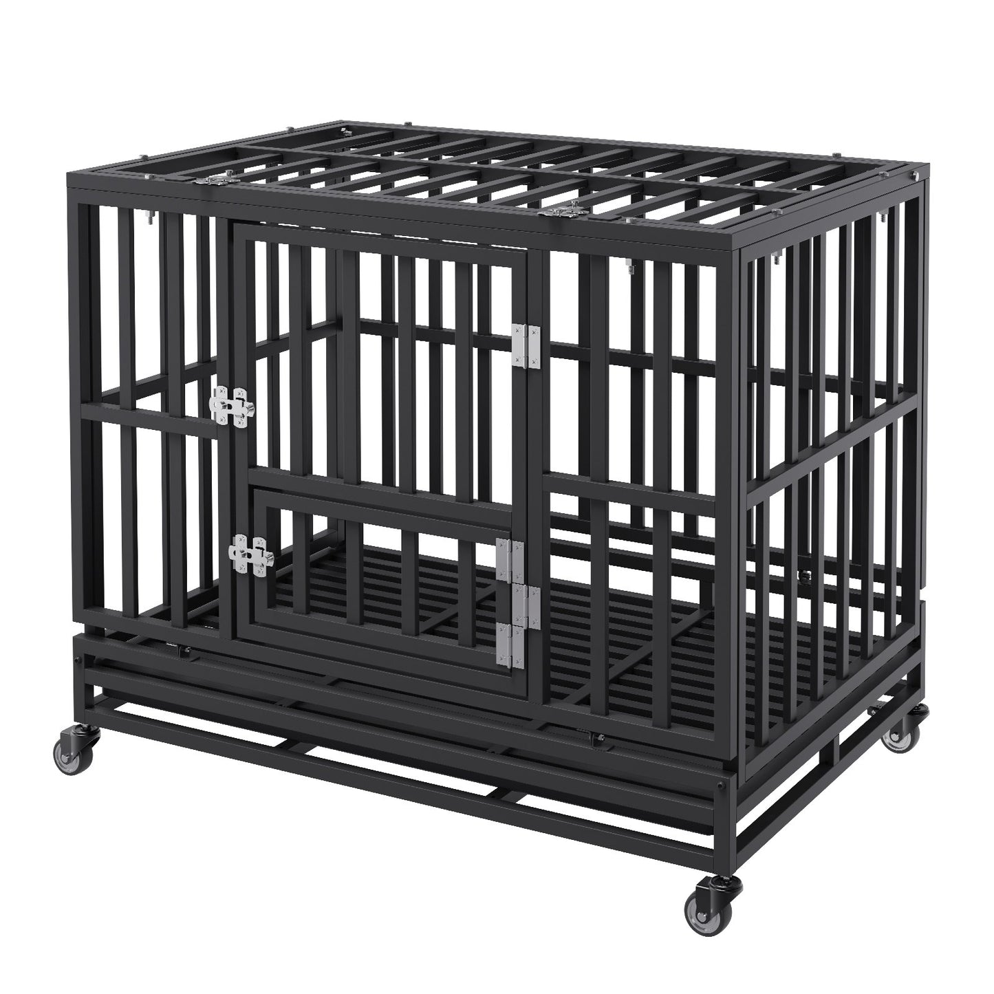38 Inch Heavy Duty Dog Crate, Indestructible Dog Crate, 3-Door Heavy Duty Dog Crate for Medium to Large Dogs with Lockable Wheels and Removable Tray, High Anxiety Dog Crate for Indoor and Outdoor