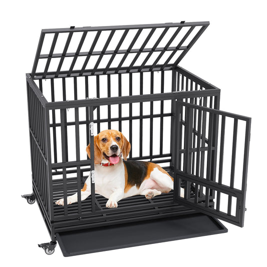 42 Inch Heavy Duty Dog Crate, Indestructible Dog Crate, 3-Door Heavy Duty Dog Crate for Medium to Large Dogs with Lockable Wheels and Removable Tray, High Anxiety Dog Crate for Indoors and Outdoors