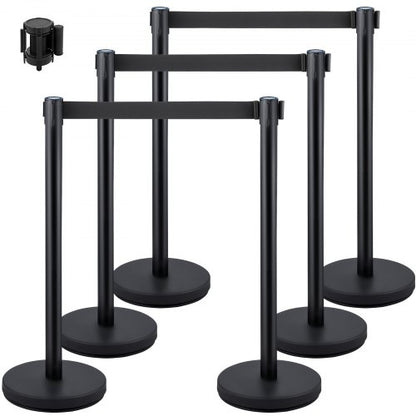 6 PCS Black Stanchion Posts Stainless Steel Stanchion Queue Post Black Belt Retractable 36In for Both Indoor and Outdoor use.