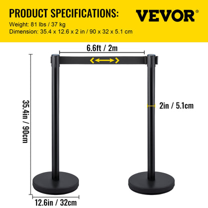 6 PCS Black Stanchion Posts Stainless Steel Stanchion Queue Post Black Belt Retractable 36In for Both Indoor and Outdoor use.
