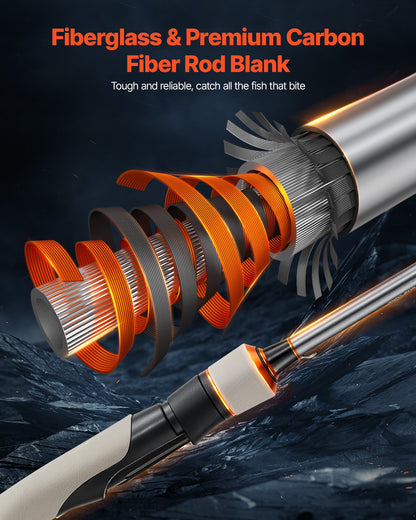 Rod and Fishing Reel Combo, IM6 Fiberglass & Carbon Fiber Spinning Rod and Reel Combo, Bass Fishing Pole with 6.5 ft Two-Piece Rods, 6+1 Ball Bearings, Stainless Steel Guides with Ceramic Rings