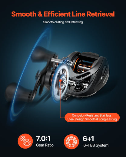 Rod and Fishing Reel Combo, IM7 Carbon Fiber Baitcasting Rod and Reel Combo, Bass Fishing Pole with 6+1 BB System, 7.0:1 Gear Ratio, Cork Handle, Stainless Steel Guides with Ceramic Rings