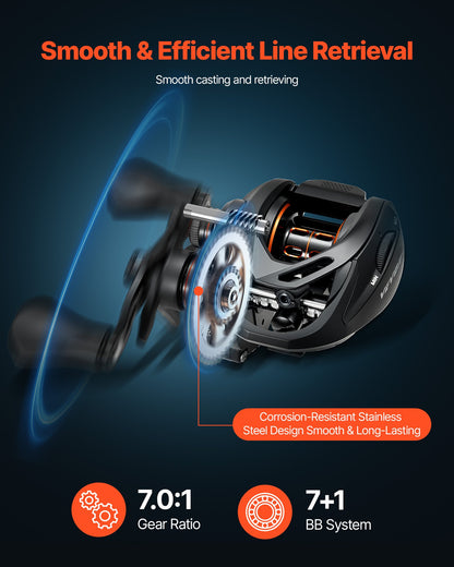 Rod and Fishing Reel Combo, IM7 Carbon Fiber Baitcasting Rod and Reel Combo, Bass Fishing Pole with 7+1 BB System, 7.0:1 Gear Ratio, Cork Handle, Stainless Steel Guides with Ceramic Rings