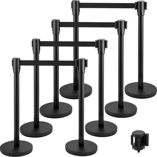Crowd Control Stanchion, Set of 8 Pieces Stanchion Set, Stanchion Set with 6.6 ft/2 m Black Retractable Belt, Black Crowd Control Barrier with Concrete and Metal Base – Easy Connect Assembly