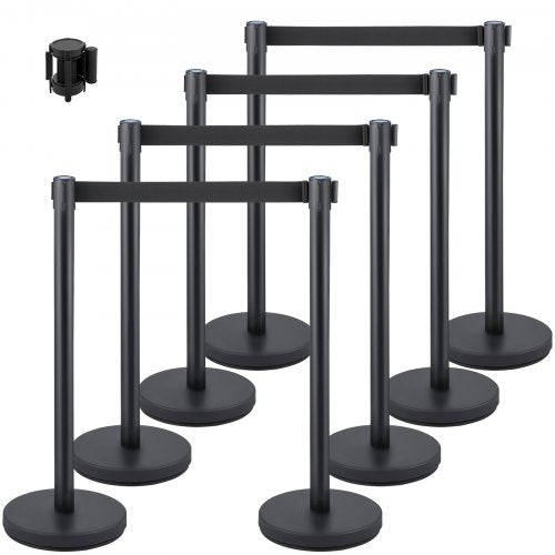 Crowd Control Stanchion, Set of 8 Pieces Stanchion Set, Stanchion Set with 6.6 ft/2 m Black Retractable Belt, Black Crowd Control Barrier with Concrete and Metal Base – Easy Connect Assembly