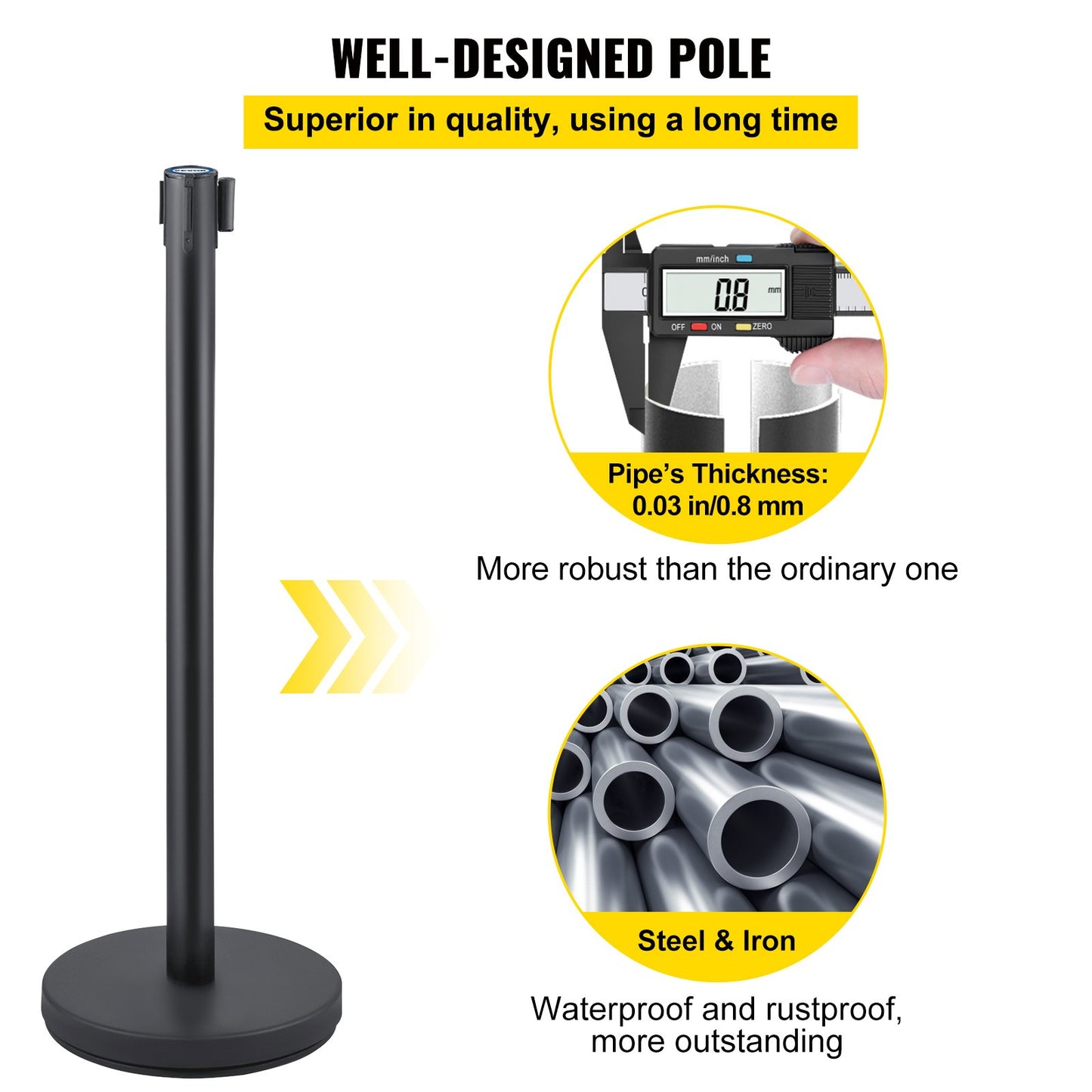 Crowd Control Stanchion, Set of 8 Pieces Stanchion Set, Stanchion Set with 6.6 ft/2 m Black Retractable Belt, Black Crowd Control Barrier with Concrete and Metal Base – Easy Connect Assembly