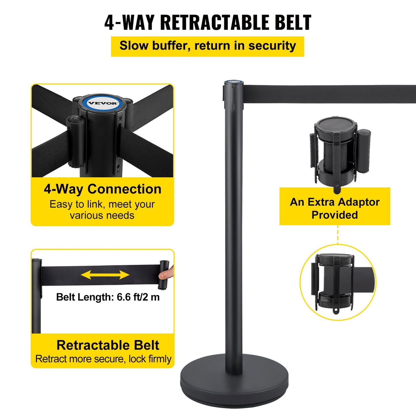 Crowd Control Stanchion, Set of 8 Pieces Stanchion Set, Stanchion Set with 6.6 ft/2 m Black Retractable Belt, Black Crowd Control Barrier with Concrete and Metal Base – Easy Connect Assembly