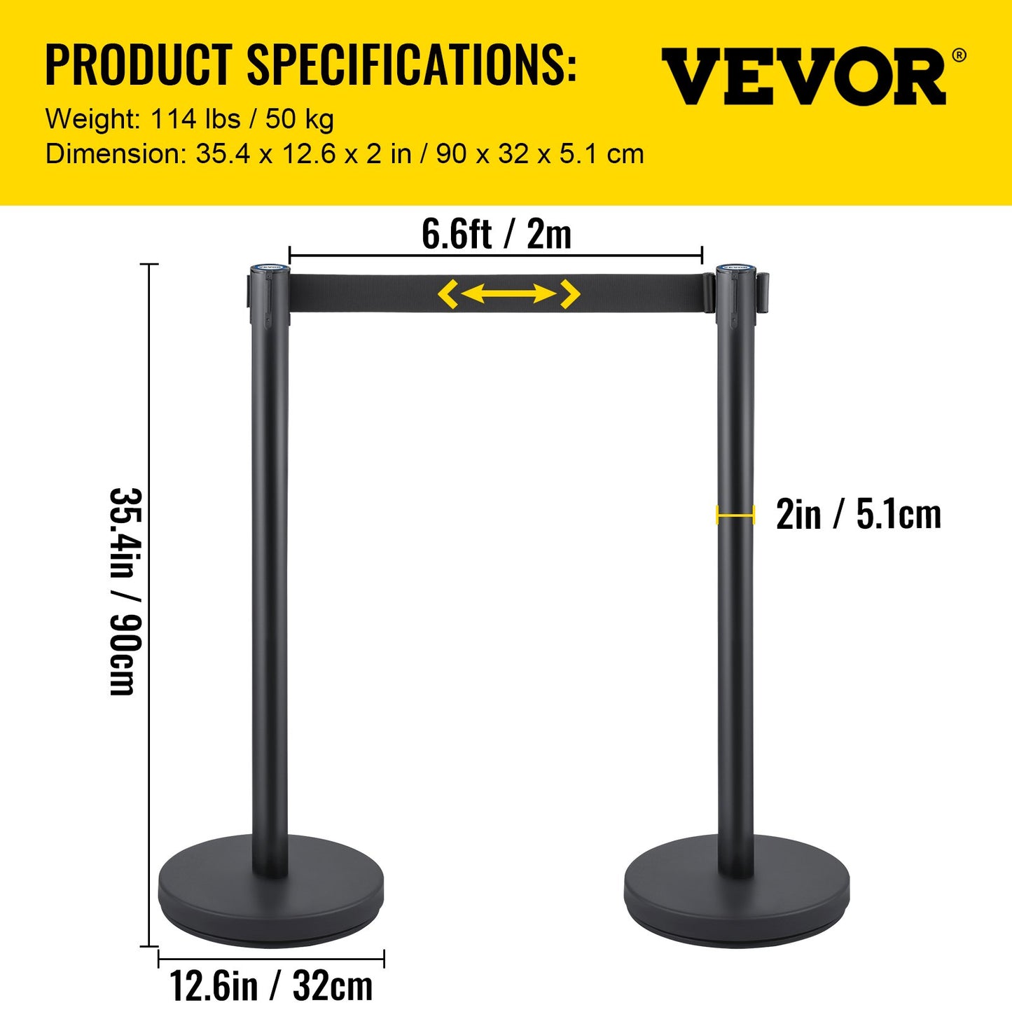 Crowd Control Stanchion, Set of 8 Pieces Stanchion Set, Stanchion Set with 6.6 ft/2 m Black Retractable Belt, Black Crowd Control Barrier with Concrete and Metal Base – Easy Connect Assembly