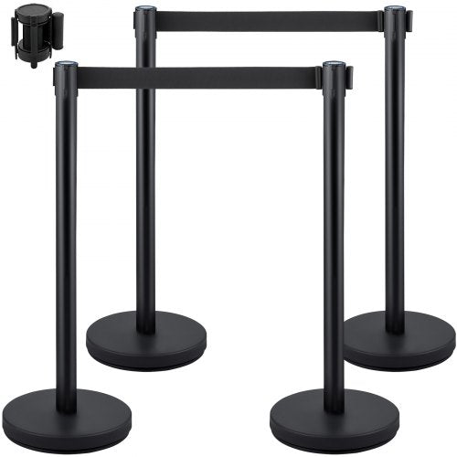 Crowd Control Stanchion, Set of 4 Pieces Stanchion Set, Stanchion Set with 6.6 ft/2 m Black Retractable Belt, Black Crowd Control Barrier with Concrete and Metal Base – Easy Connect Assembly