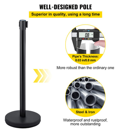 Crowd Control Stanchion, Set of 4 Pieces Stanchion Set, Stanchion Set with 6.6 ft/2 m Black Retractable Belt, Black Crowd Control Barrier with Concrete and Metal Base – Easy Connect Assembly