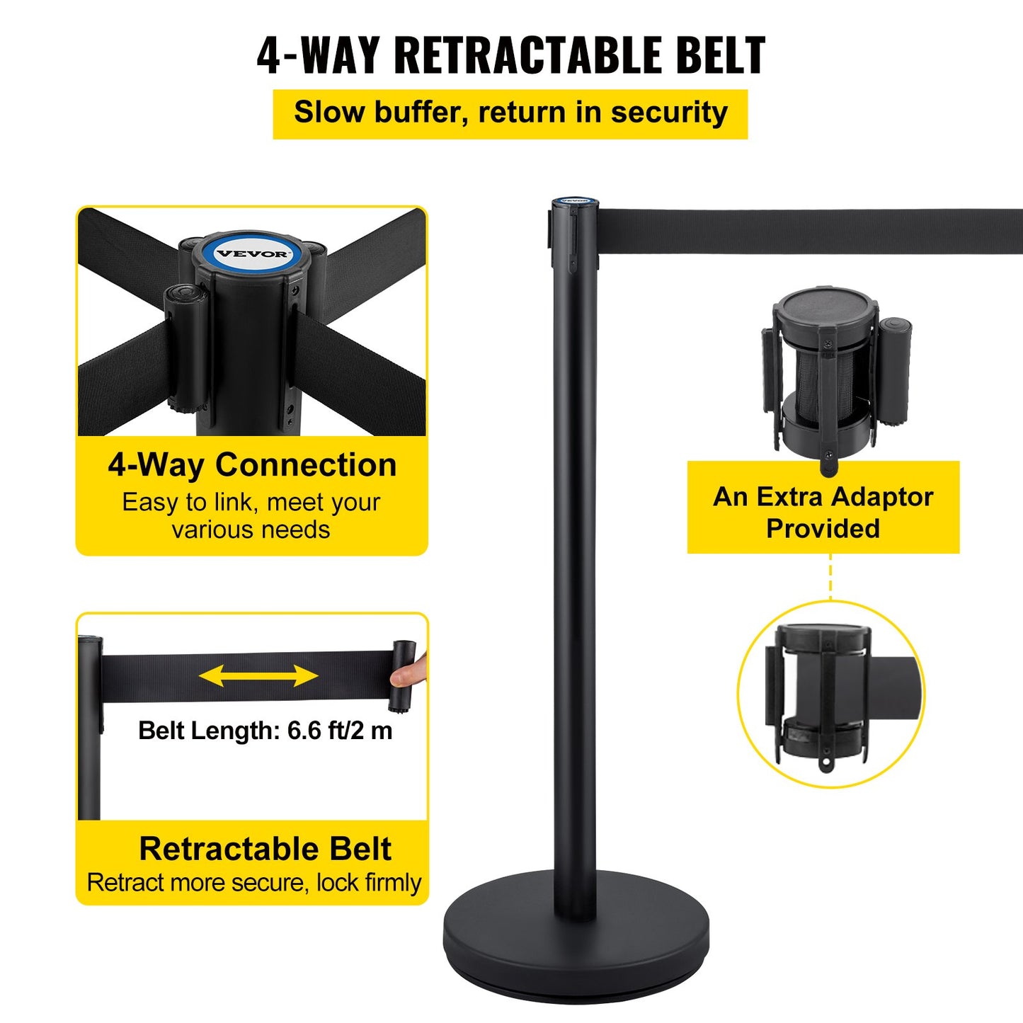 Crowd Control Stanchion, Set of 4 Pieces Stanchion Set, Stanchion Set with 6.6 ft/2 m Black Retractable Belt, Black Crowd Control Barrier with Concrete and Metal Base – Easy Connect Assembly