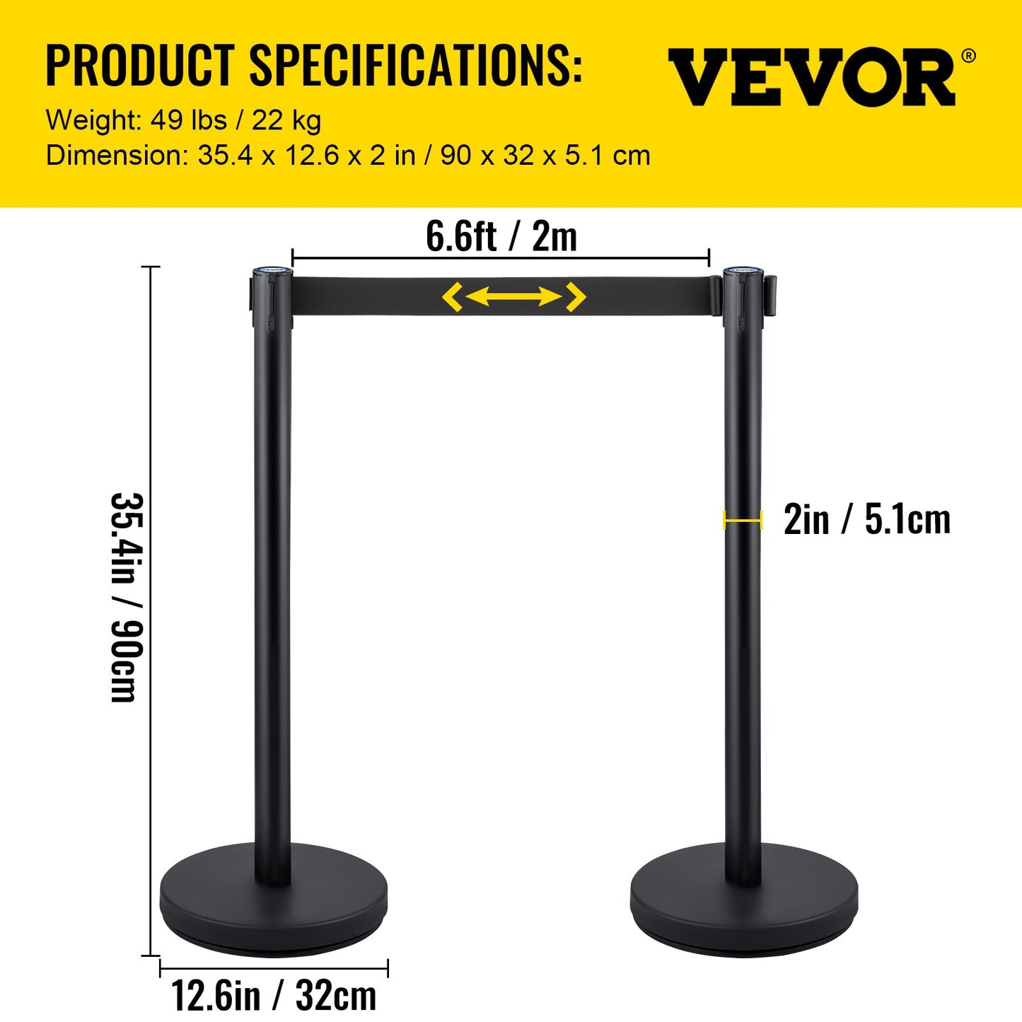 Crowd Control Stanchion, Set of 4 Pieces Stanchion Set, Stanchion Set with 6.6 ft/2 m Black Retractable Belt, Black Crowd Control Barrier with Concrete and Metal Base – Easy Connect Assembly
