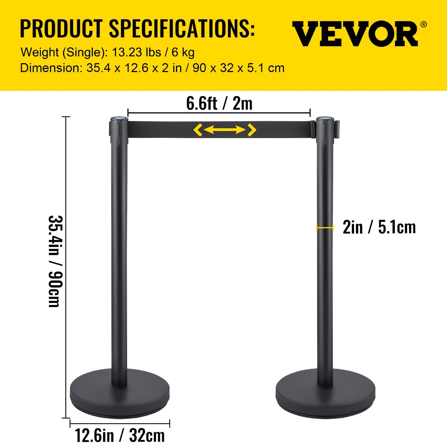 Crowd Control Stanchion, Set of 6 Pieces Stanchion Set, Stanchion Set with 6.6 ft/2 m Black Retractable Belt, Black Crowd Control Barrier with Concrete and Metal Base - Easy Connect Assembly